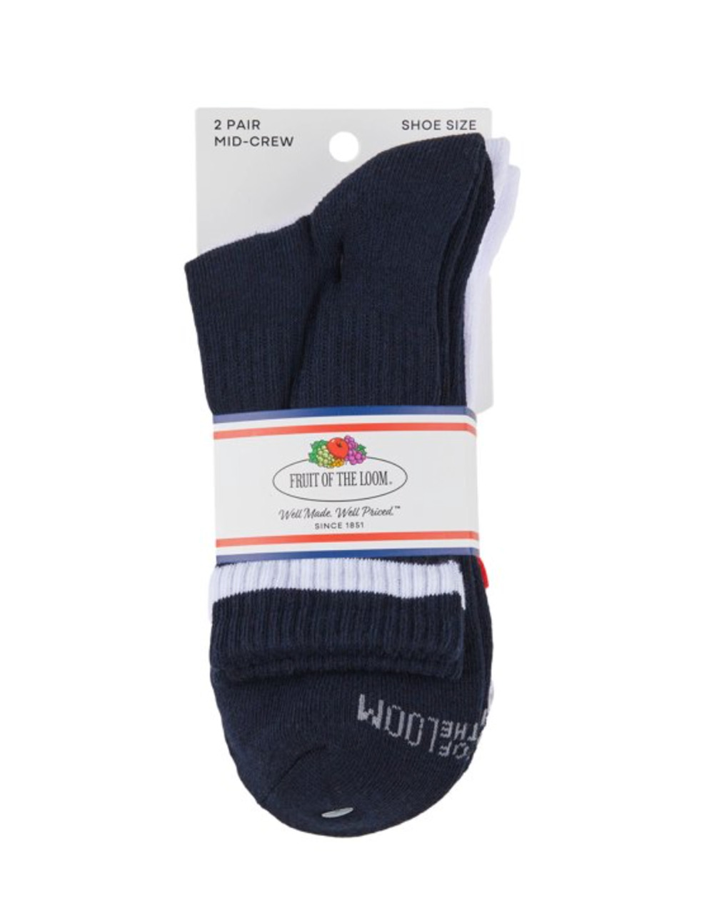 Fruit of the Loom Men’s Americana Mid Crew Socks 2-Pack Size 6-12 Navy/White